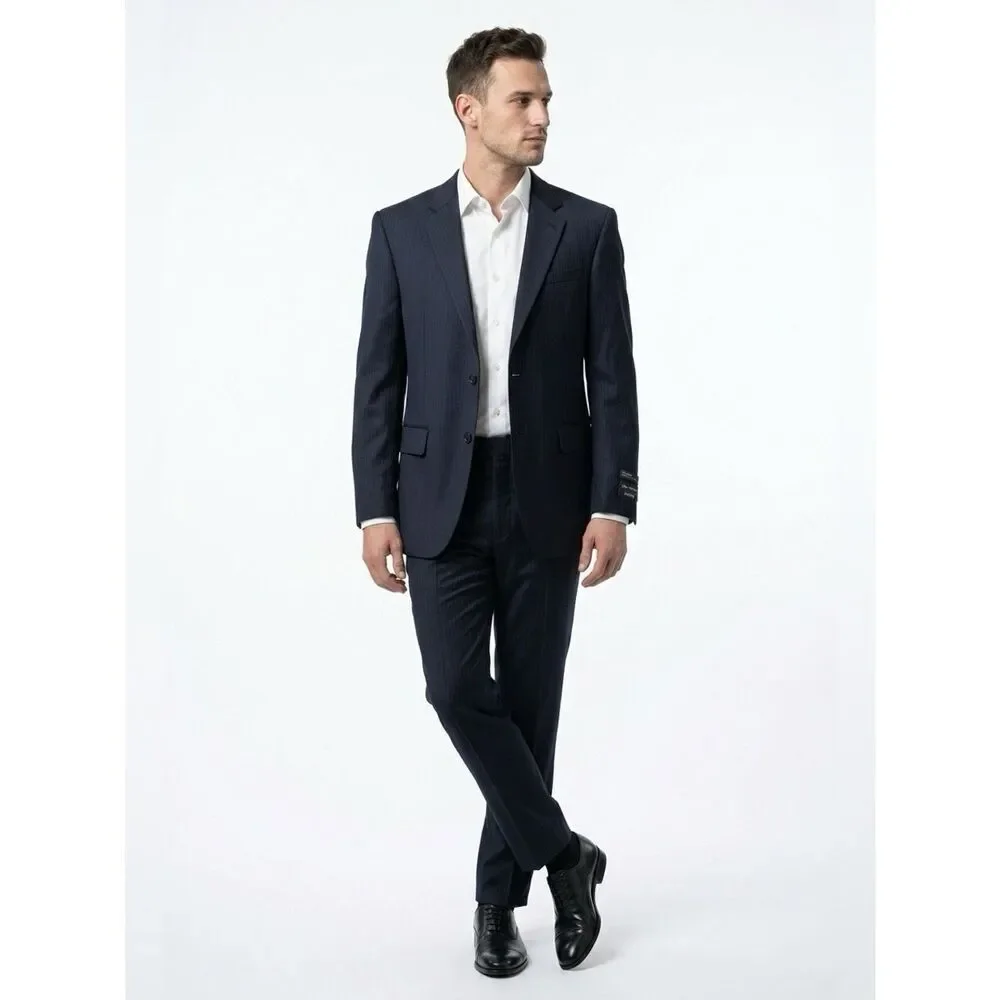Navy Blue Pin Stripe Jos. A. Bank Signature Collection Suit 100% Wool 40R NWT